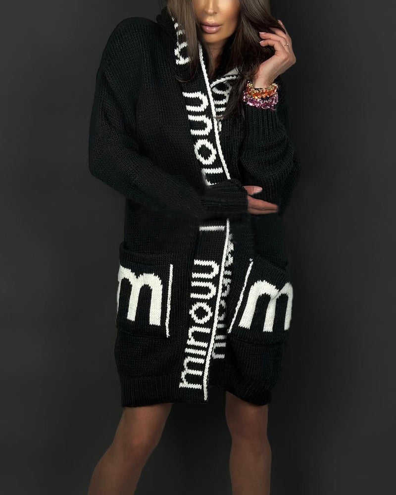 Long Elegant Stripe Cardigan Wool Long Sleeve Hooded Letter Knitted Coat