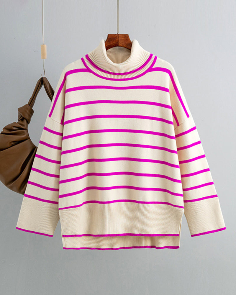 Striped Sweater Casual Turtleneck Knit Pullover Jumper Tops