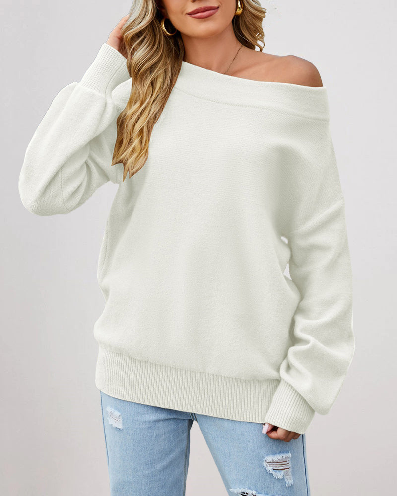 Off The Shoulder Sweater Boat Neck Long Sleeve Knit Tops