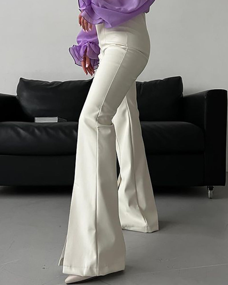 Flared PU Leather Pants with Side Slits