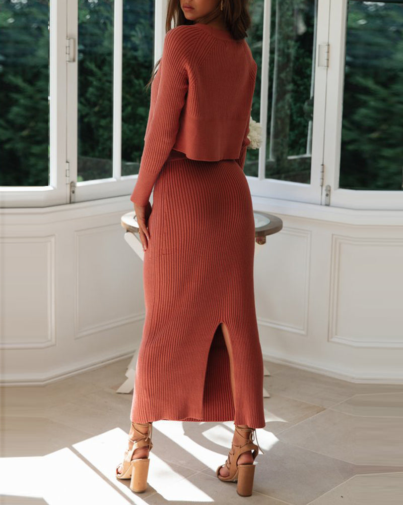 Solid Color Two Piece Set Women Sweater & Comfortable Slim Split Skirt