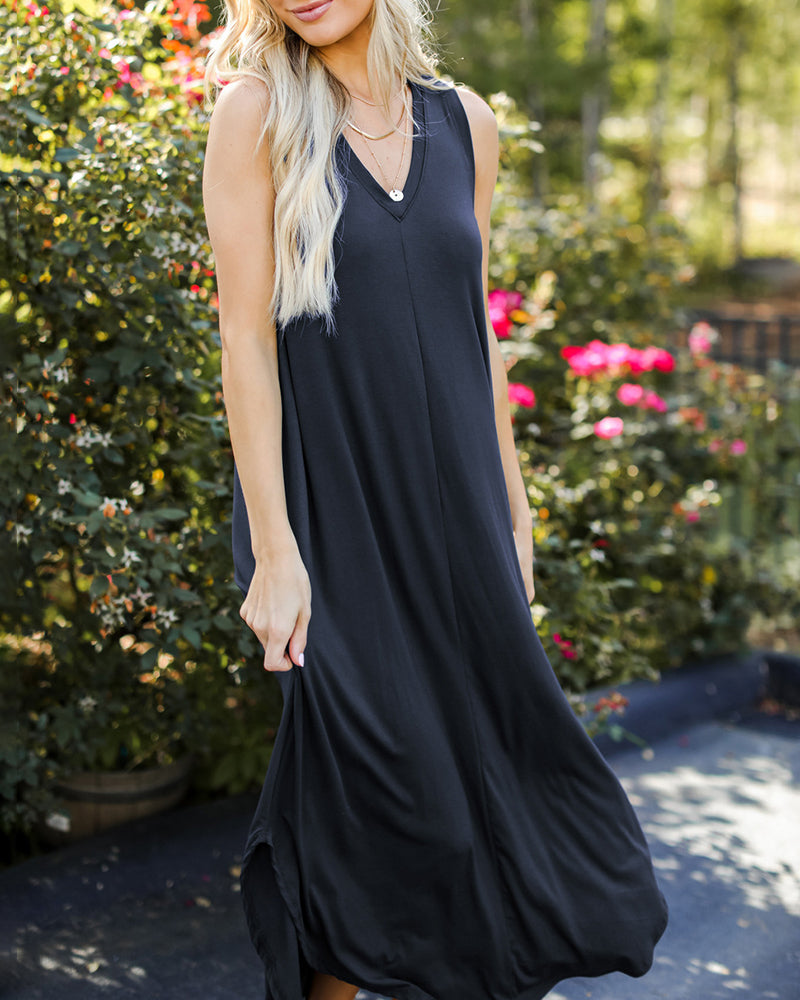 Sleeveless Crew Neck Spaghetti Strap Dress Bohemian Casual Loose Long Flowy Dress