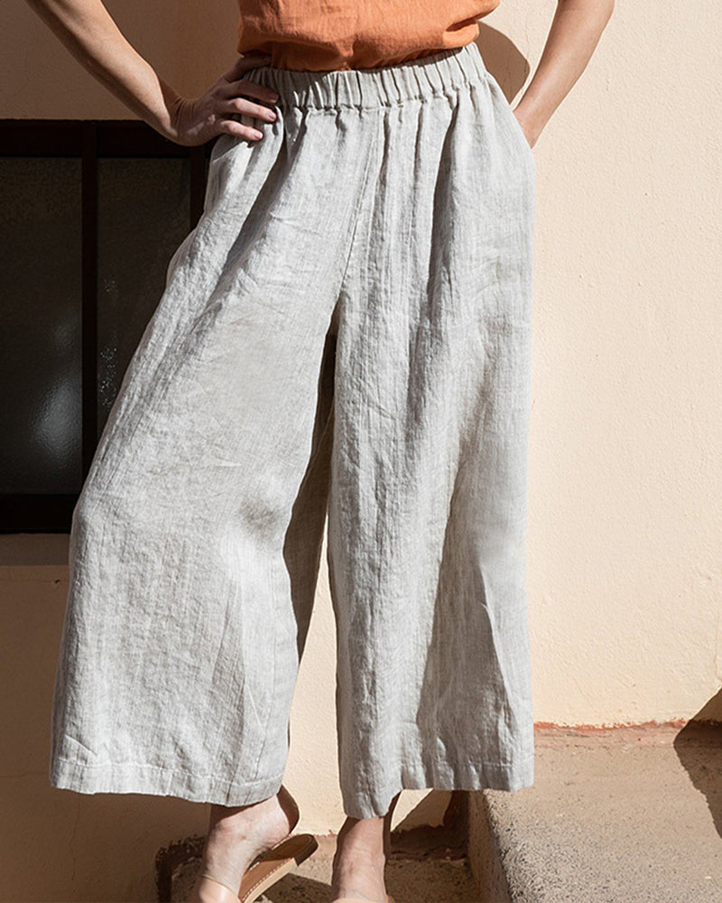 Elastic Waist Cotton Linen High Waist Wide Leg Pants