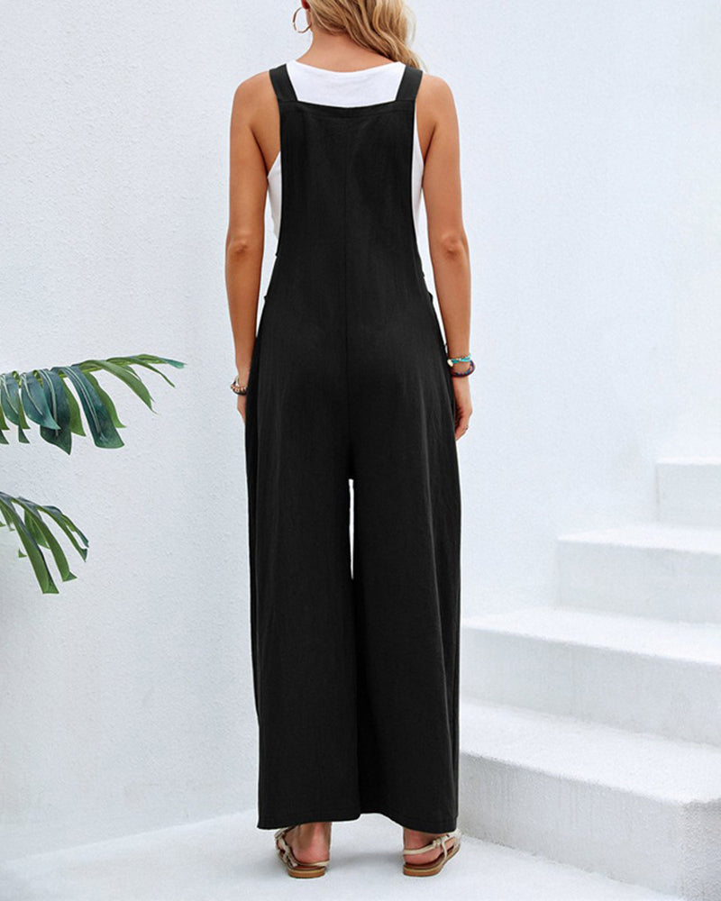 Solid Color Sleeveless Sling Pocket Wide Leg Side Button Plus Size Jumpsuits