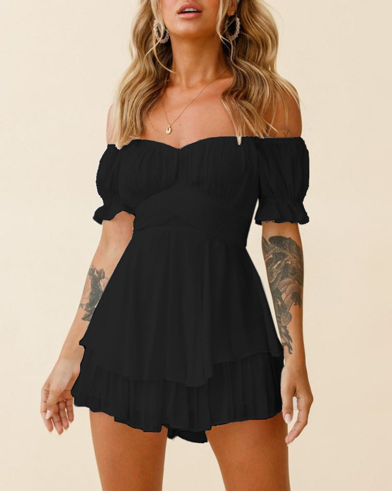 Off Shoulder Mini Rompers Solid Ruffle Hem Shorts Jumpsuit Dress