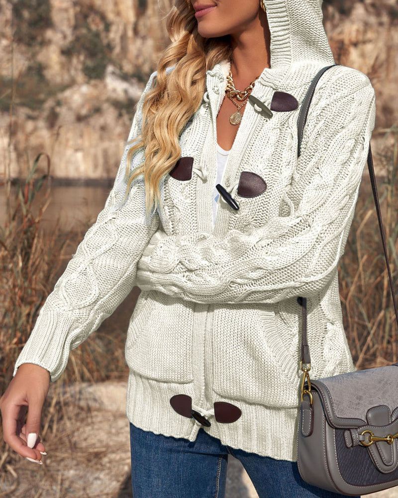 Casual Loose Fitting Fluffy Button Down Knitwear Coatigan Chunky Cable Hooded Cardigan