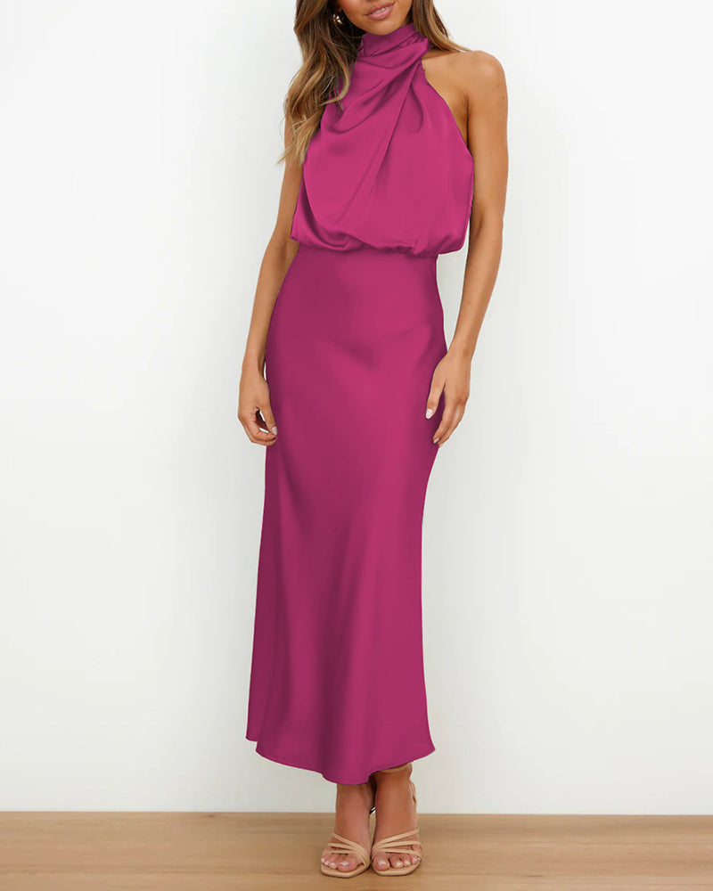 Long Formal Satin Dress Mock Neck High Neck Evening Dress