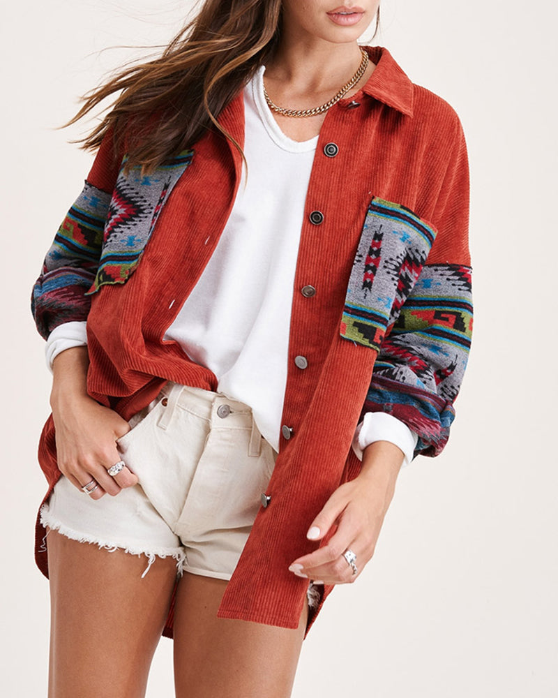 Corduroy Patch Print Pocket Coat Long Sleeve Jacket Top