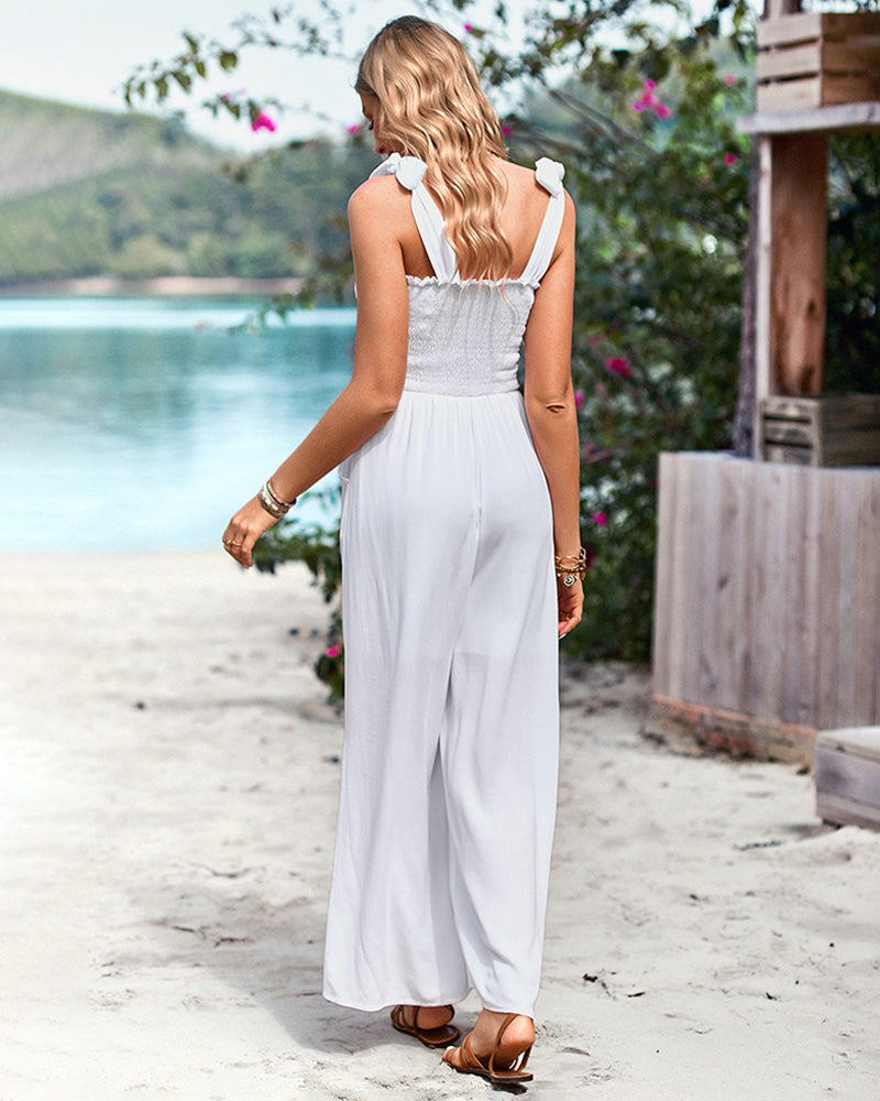 Sleeveless Lace-up Smocked Jumpsuits Solid Loose fit Wide Leg High Wasit Romper