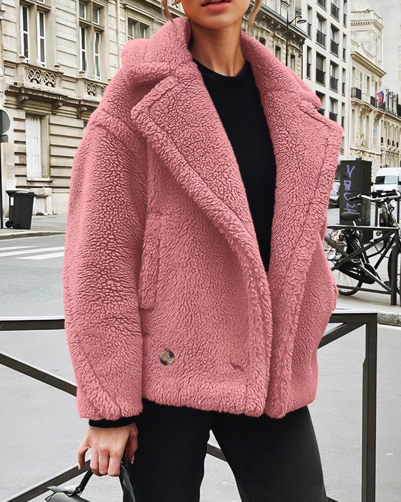 Lapel Fleece Jacket Long Sleeve Pockets Faux Fur Dressy Fall Outfits