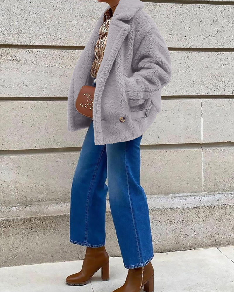Lapel Fleece Jacket Long Sleeve Pockets Faux Fur Dressy Fall Outfits