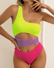 Color-Panel Crinkled Cutout One-Piece Swimsuit