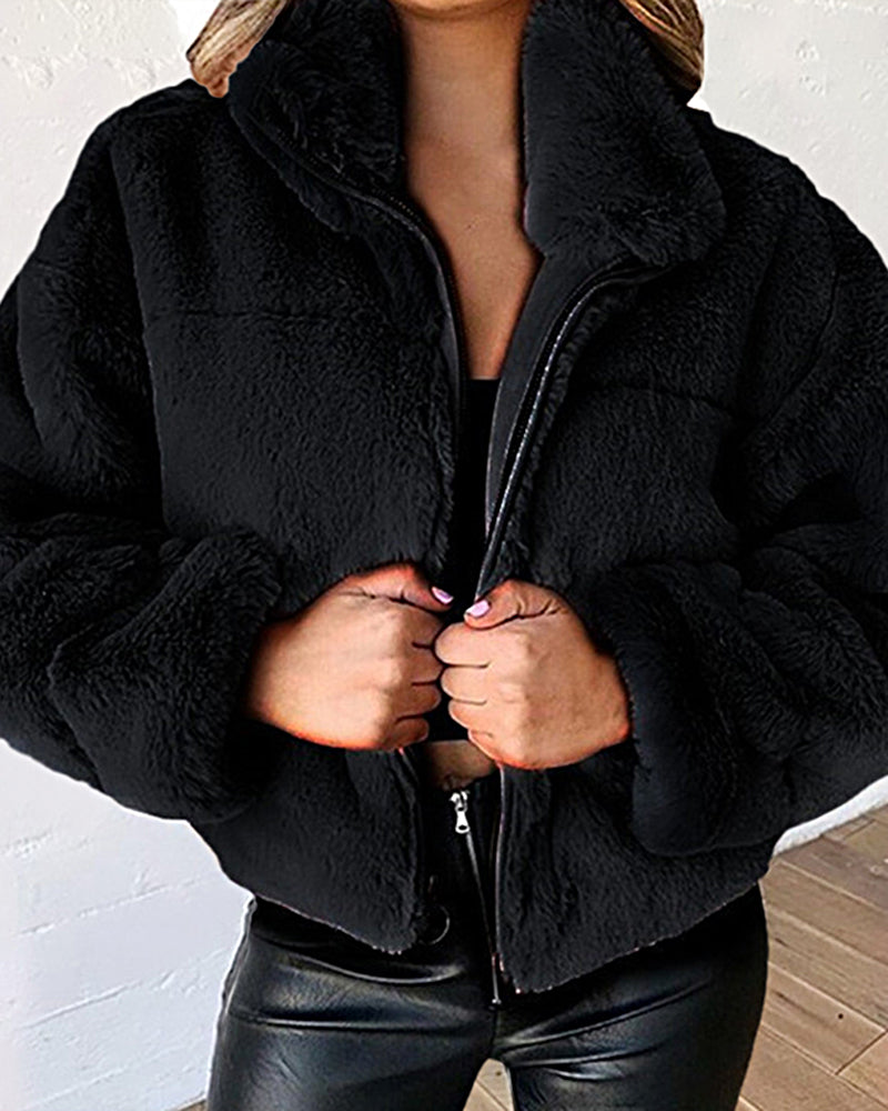 Faux Fur Zip-Up Cardigan Plush Jacket