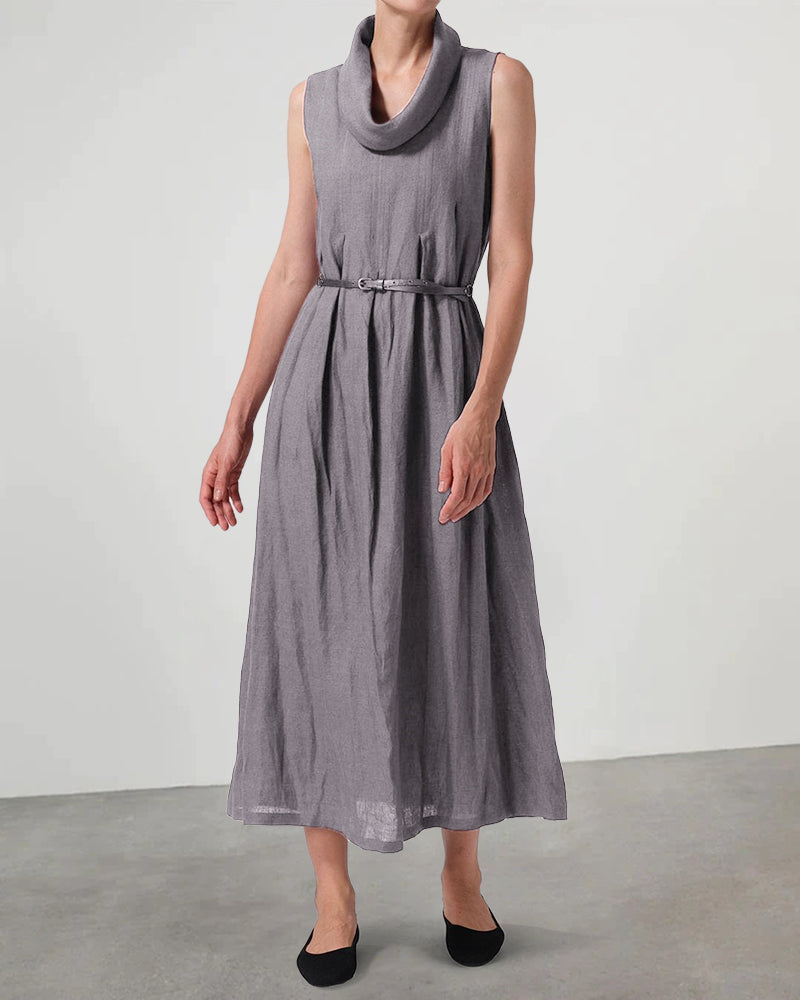 Casual Cotton Linen Sleeveless Cowl Neck Long Dress