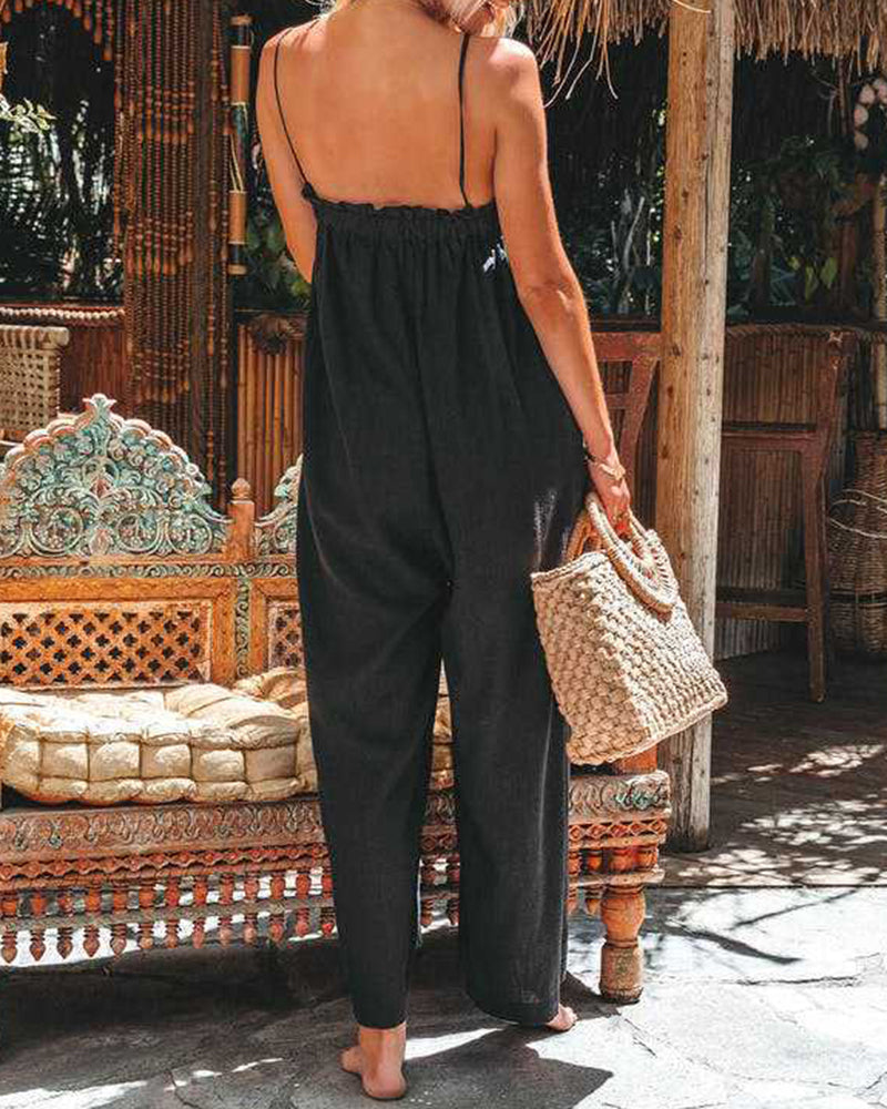 Sleeveless Strap Loose Jumpsuits Stretchy Long Pants Romper with Pockets