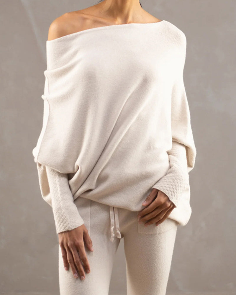 Asymmetric Draped Jumper Long Batwing Sleeve Off The Shoulder Sweater