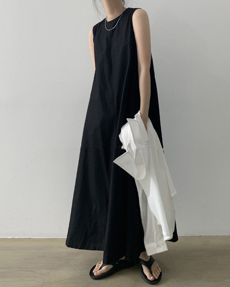 Loose Cotton Linen Dress Long Sleeveless Knee Tank Dress