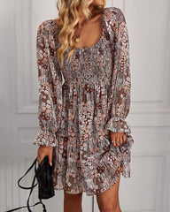 Ribbed Long Sleeve Chiffon Dress Crewneck Elegant Batwing Bohemian Floral Printed Dress