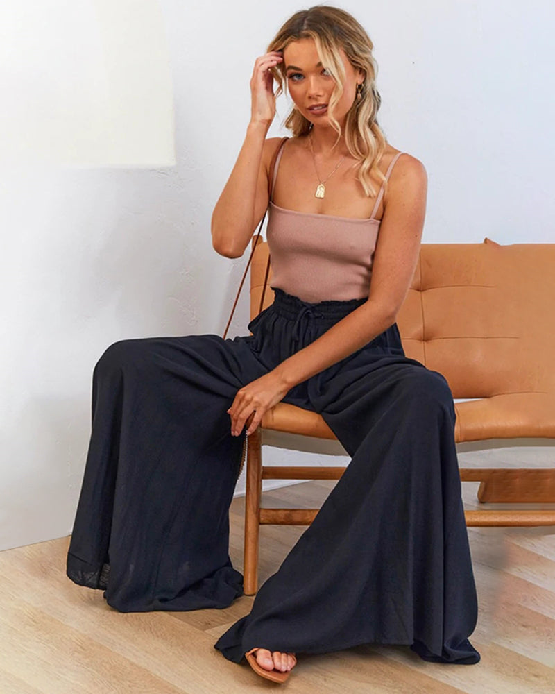 Wide Leg Flowy Pants Summer Boho Elastic Waist Drawstring Palazzo Trousers