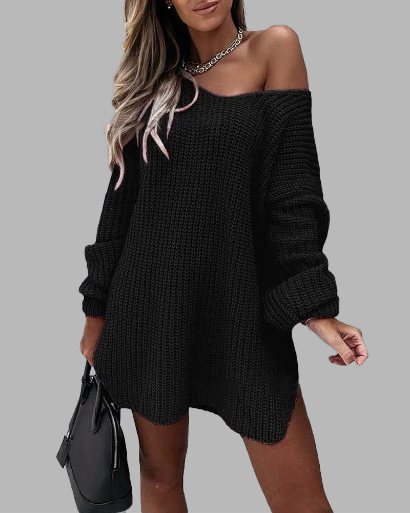 Loose Mid-length Off-shoulder V-neck Slit Knitted Sweater