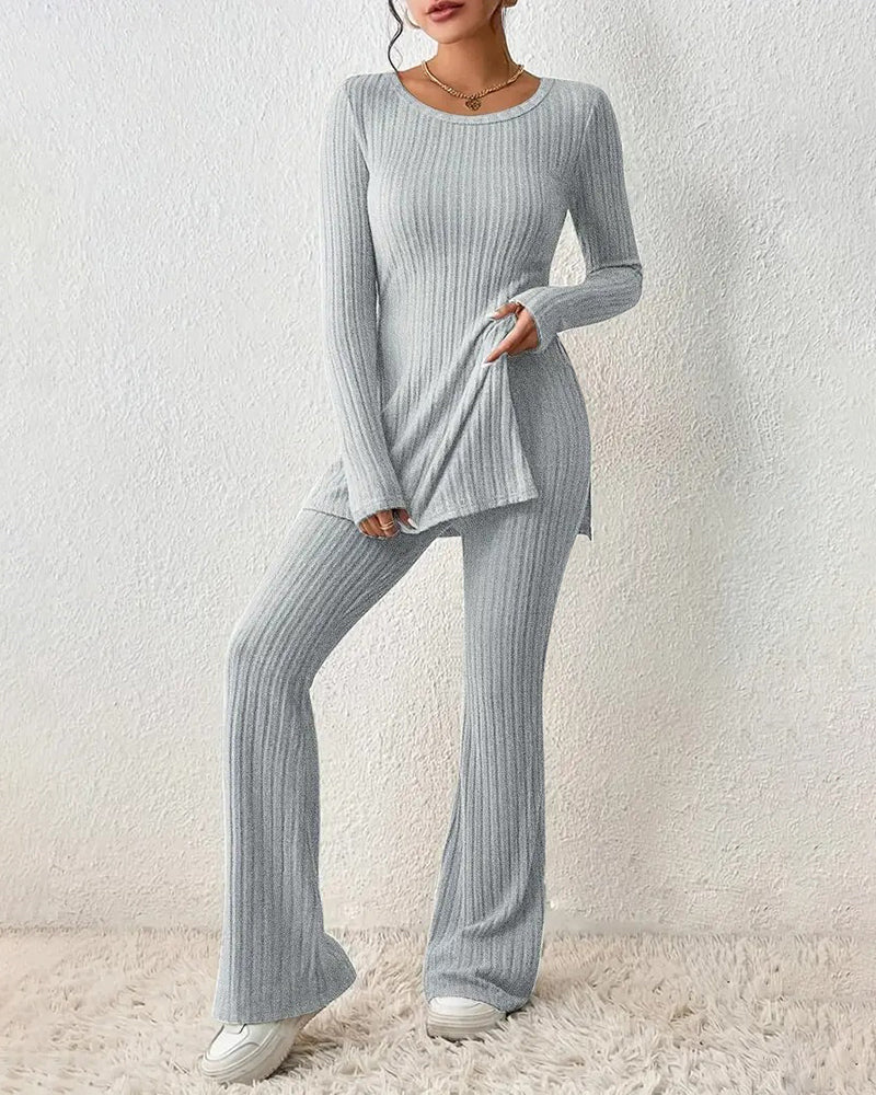 Causal Knitted Sets Split Hem Tee & Flare Leg Pants