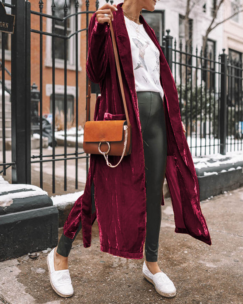 Long Velvet Cardigan Jacket Casual Open Front Velour Lapel Cardigan Maxi Blazer