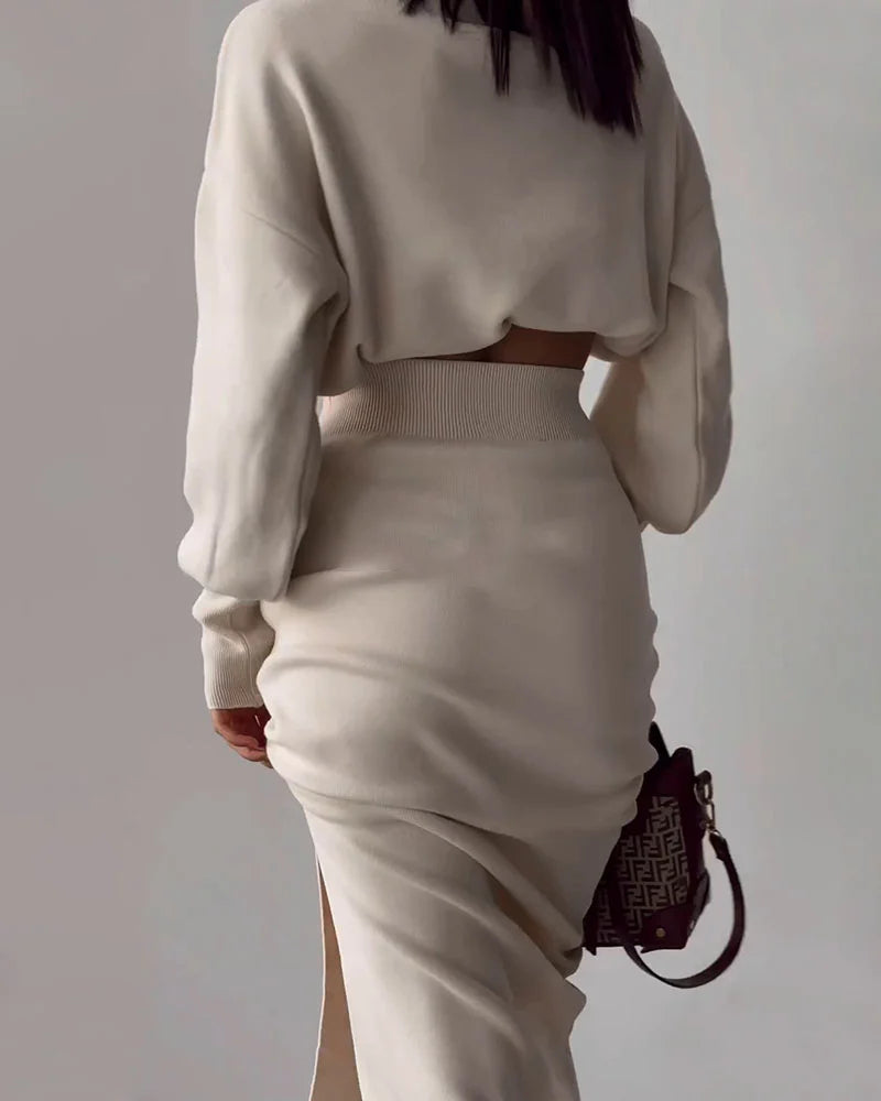 Elegant Two-piece Set Turtleneck Sweater with Split Hem Long Skirts Outfits