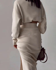 Elegant Two-piece Set Turtleneck Sweater with Split Hem Long Skirts Outfits