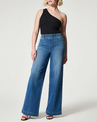 Seamed Front Wide Leg Jeans Elastic Waist Stretch Denim Flare Jeans