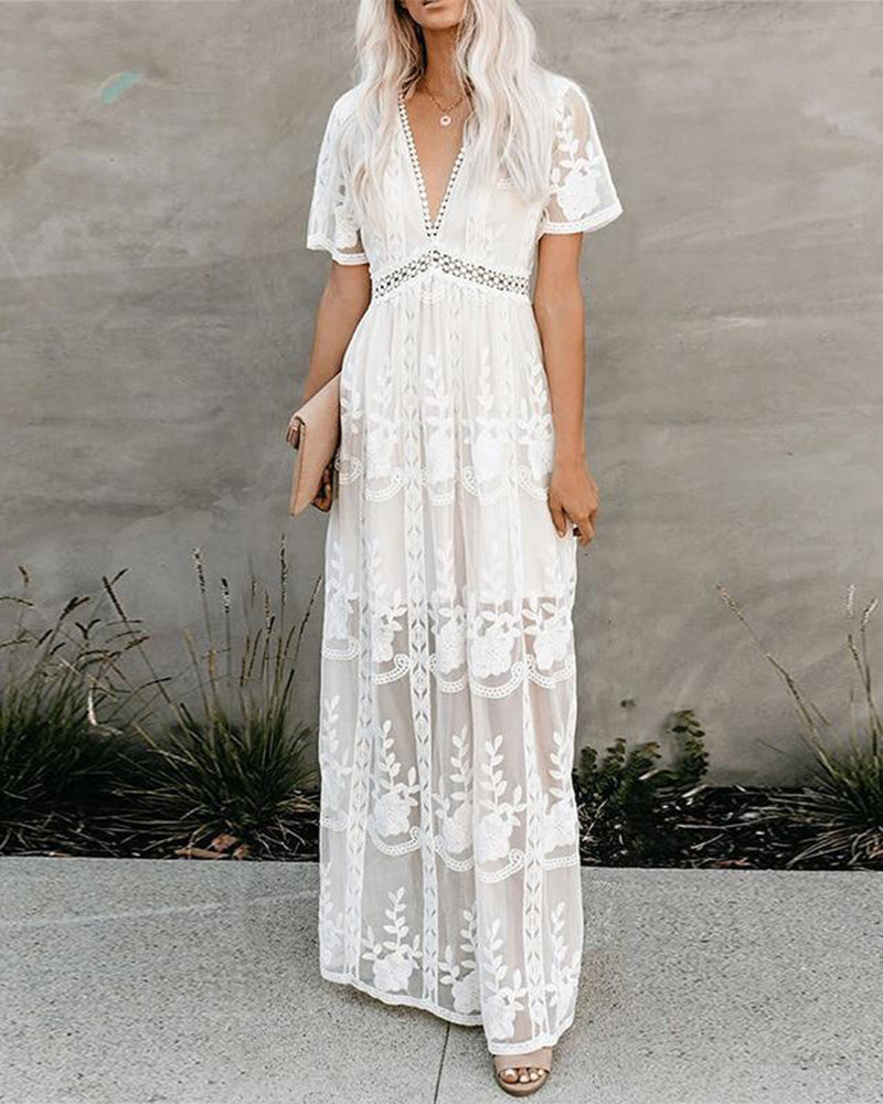 Boho Maxi Dress Embroidery White Lace Loose Holiday Beach Maxi Dress