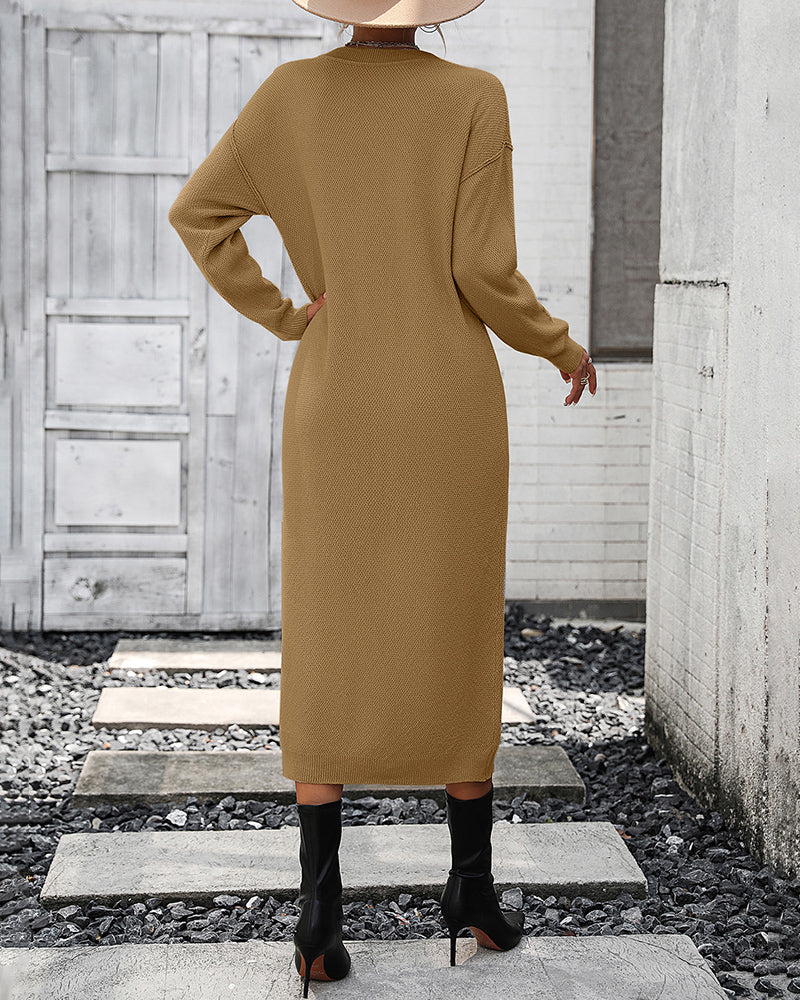 Sweater Maxi Dress Long Sleeve Button V Neck Knitted Dresses Oversized Loose Fashion Streetwear