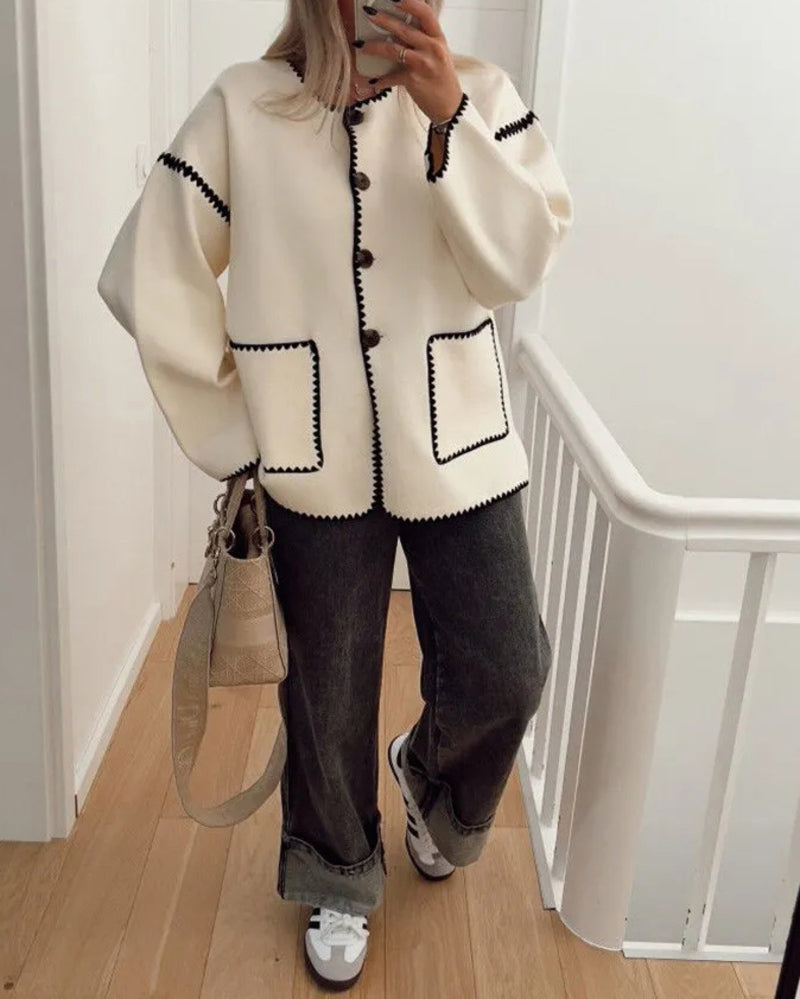 Buttoned Crew Neck Loose Color Block Knitted Jacket