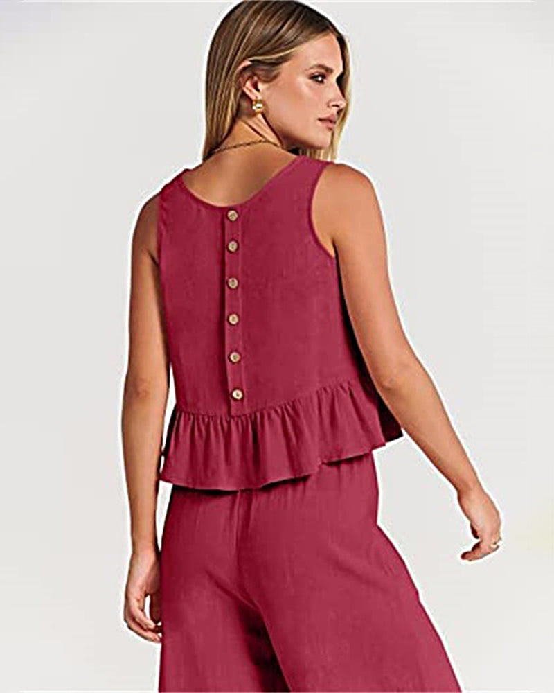 2 Piece Outfits Sleeveless Ruffle Tank Crop Top and Wide Leg Pants Lounge Set with Pockets