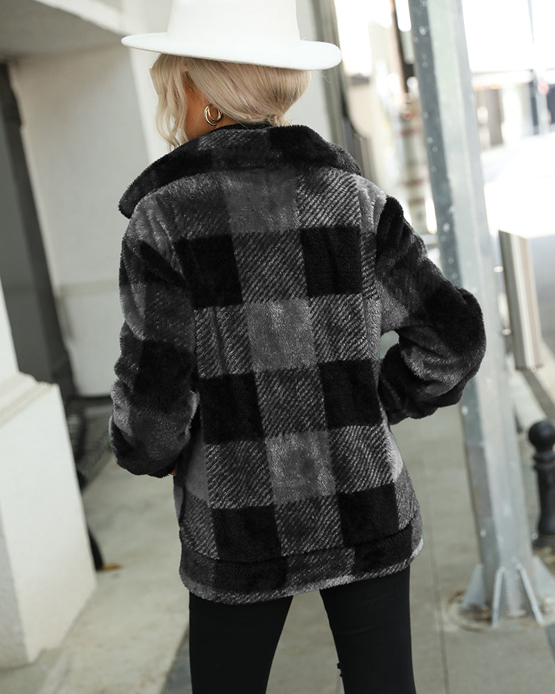 Plaid Zip Up Collared Plush Jacket