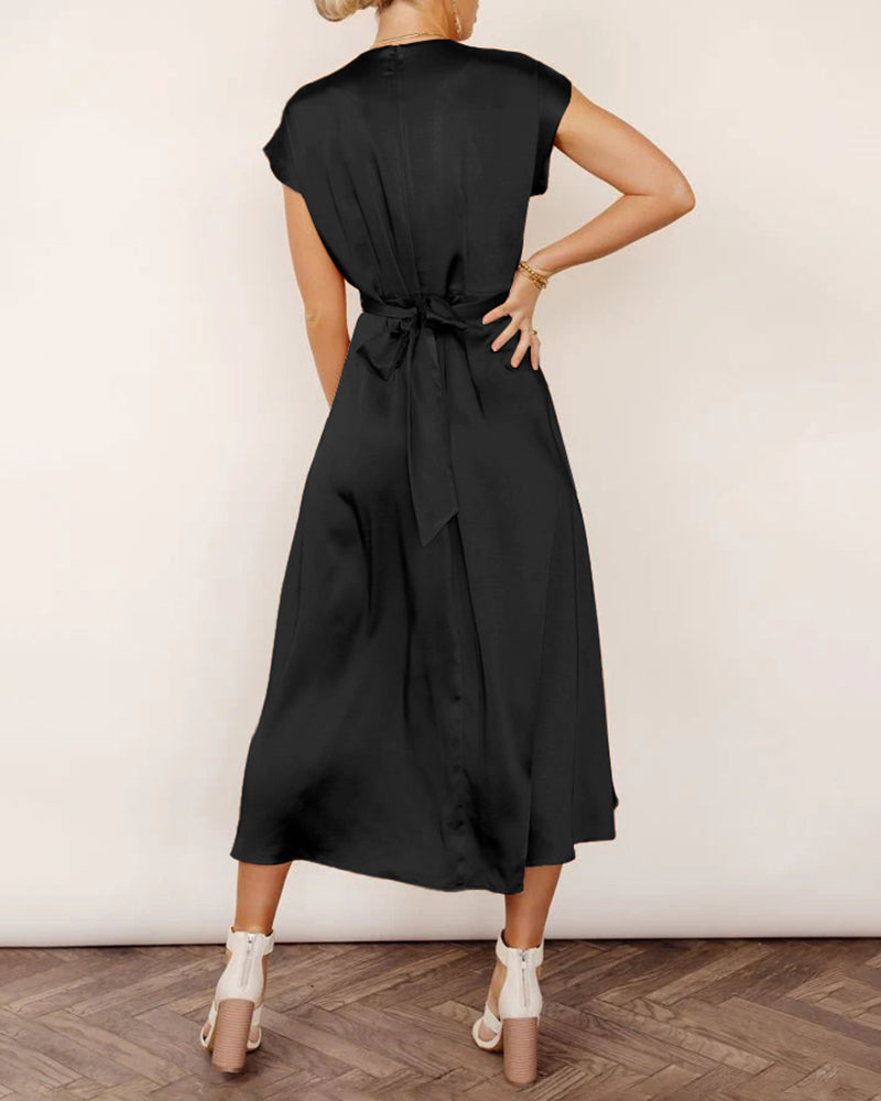 Satin Midi Dress Cap Sleeve Tie Waist Elegant A-Line Flowy Dresses