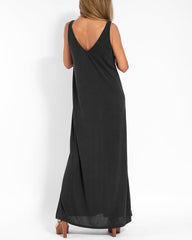 Casual Loose Dress Sleeveless Deep V Neck Split Beach Maxi Long Dress