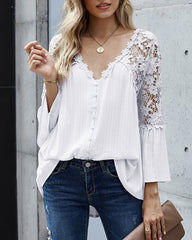 Lace Boho Blouses Crochet Flowy Bell Sleeve Button Down Casual T Shirts