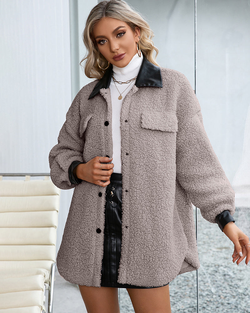 Lapel Collar Plush PU Single-breasted Trench Coat