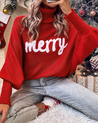 Merry Letter Embroidered High Neck Sweater