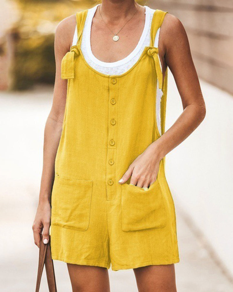 Sleeveless Baggy Fit Overall Strappy Tie Knot Shorts Jumpsuit Csaual Cute Rompers with Plus Size Patch Pockets