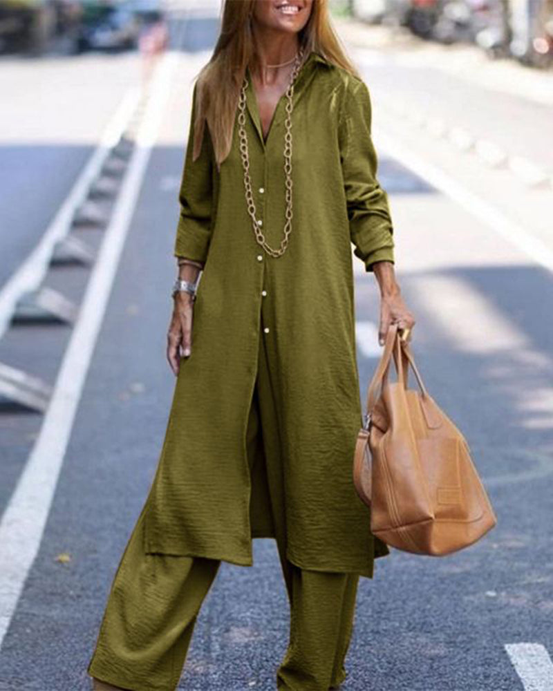 Casual Long Sleeve Shirt and Wide Leg Pants Set