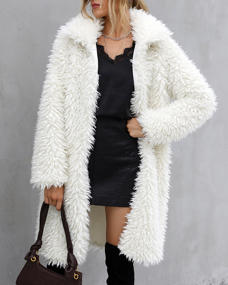 Open Front Fuzzy Coat Faux Fur Plush Lapel Warm Long Coat