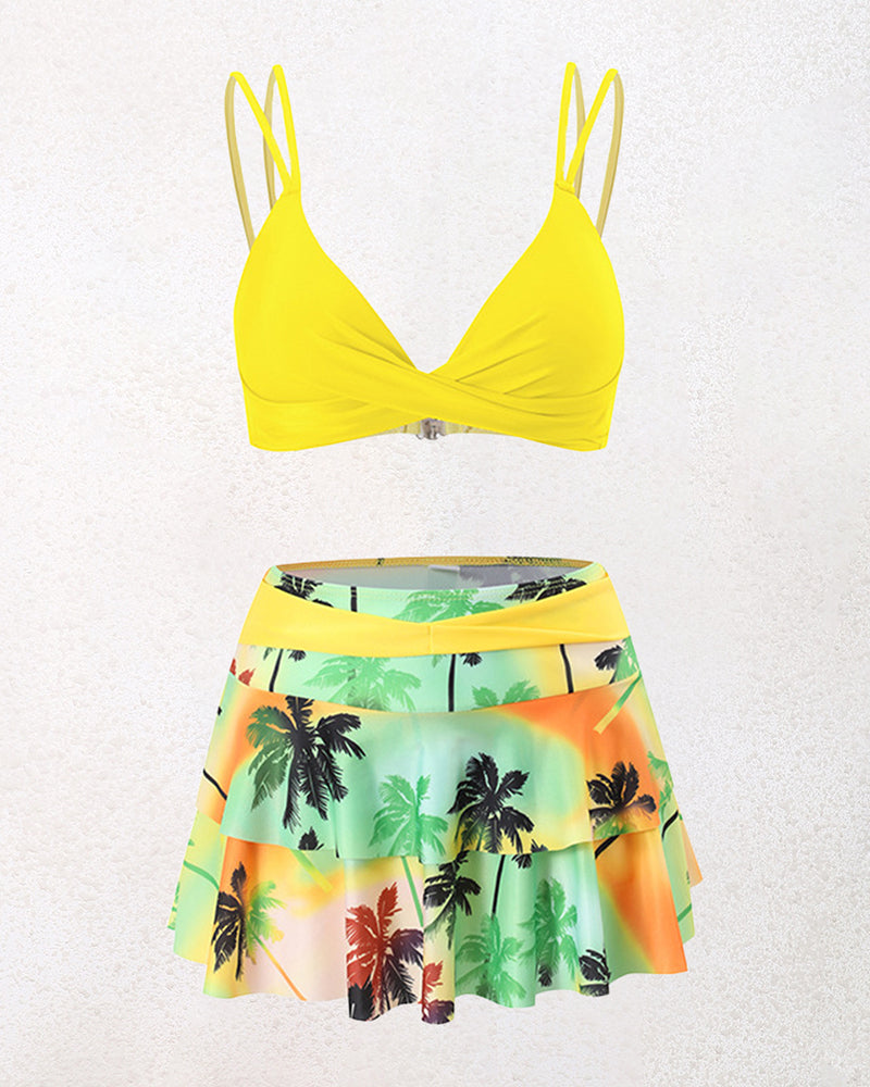 Split High-waisted Lotus Leaf Edge Printing Bikini Swimsuit