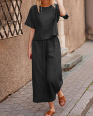 Short Sleeve Tops and Long Wide Leg Pants Casual Loose Fit Two Piece Loungewear Sets