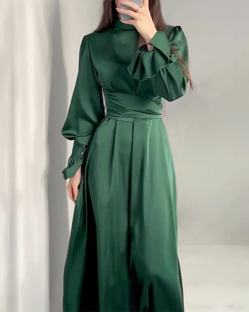 Long Sleeve Belted Puff Sleeve Green Elegant Dress