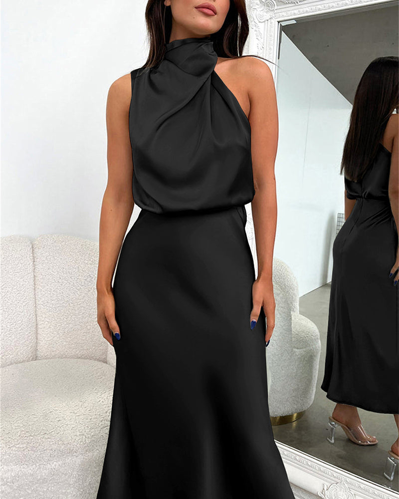 Long Formal Satin Dress Mock Neck High Neck Evening Dress