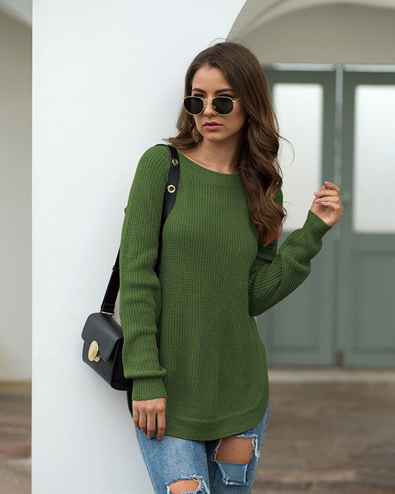 Crew Neck Long Sleeve Slit Pullover Knit Sweater