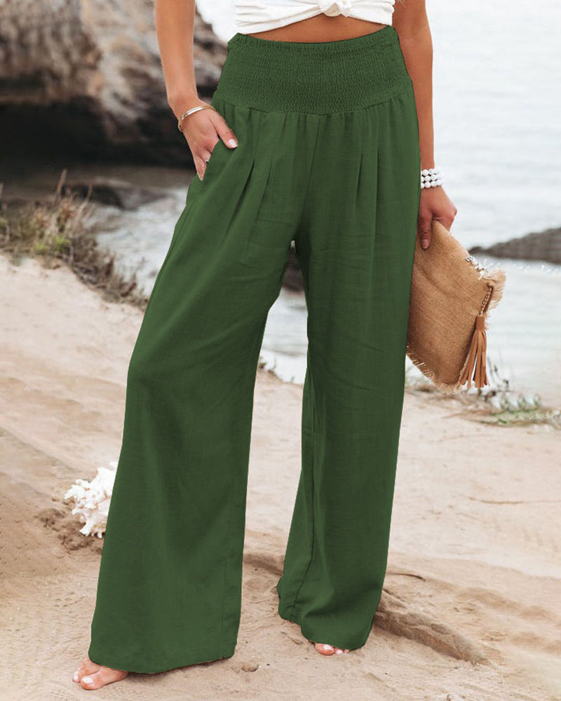 Pocketed Smocked High Waist Wide Leg Pajama Lounge Palazzo Pants