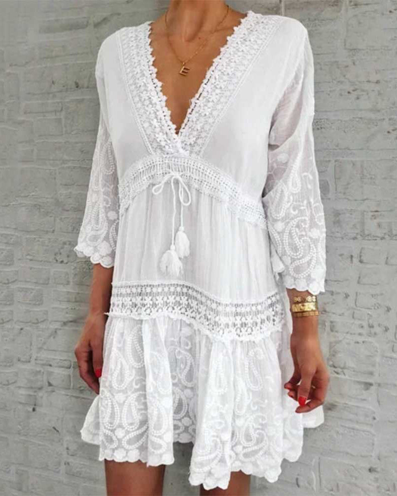 Floral Print A-line Party Dress Spring Summer V neck Lace Tassel Mini Solid Color Boho Dresses