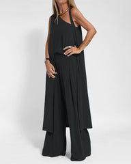 Three-Piece Set One-Shoulder Vest T-Shirt, Sleeveless Open-Front Cardigan, and Wide-Leg Pants